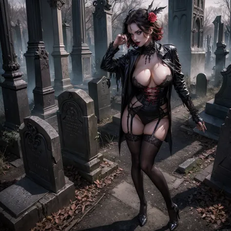 an undead sexy and hot girl in stockings in the foreground emerges from the ground of a gothic cemetery tombstone, in the backgr...