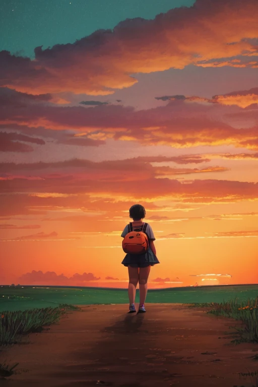 a teenage girl, with short hair and dressed in a , chubby girl, on your back looking towards a sunset. You can see more of the sky and orange, yellow and red predominate a lot.