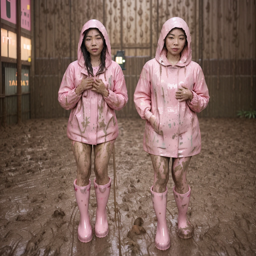 asian lady, cute pose, ((pink buttoned up raincoat)), ((wearing raincoat hood)), (((tall pink rain boots))), ((((muddy splatters)))), ((mud dripping down raincoat)), (((rainy night city street))), intricate details, highly detailed, masterpiece, 8k, photorealistic, cinematic lighting, vibrant colors, soft focus, elegant, feminine, beautiful, serene, graceful