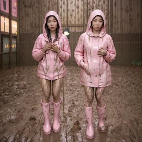 asian lady, cute pose, ((pink buttoned up raincoat)), ((wearing raincoat hood)), (((tall pink rain boots))), ((((muddy splatters...