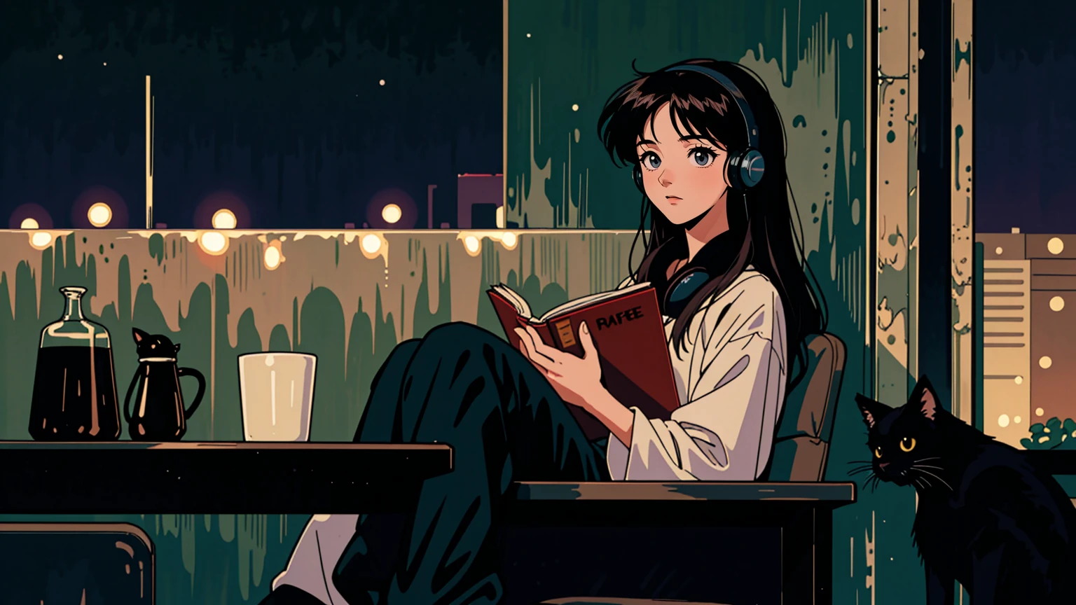 best quality, 8k, 1990s style,2010s hairstyles, 21 year old girl, black hair, long hair, light brown eyes, city pop, pants ,night view, wearing headphones,reading a book, whole body,  relax coffee,table,confection,Looking at me, Black cat
