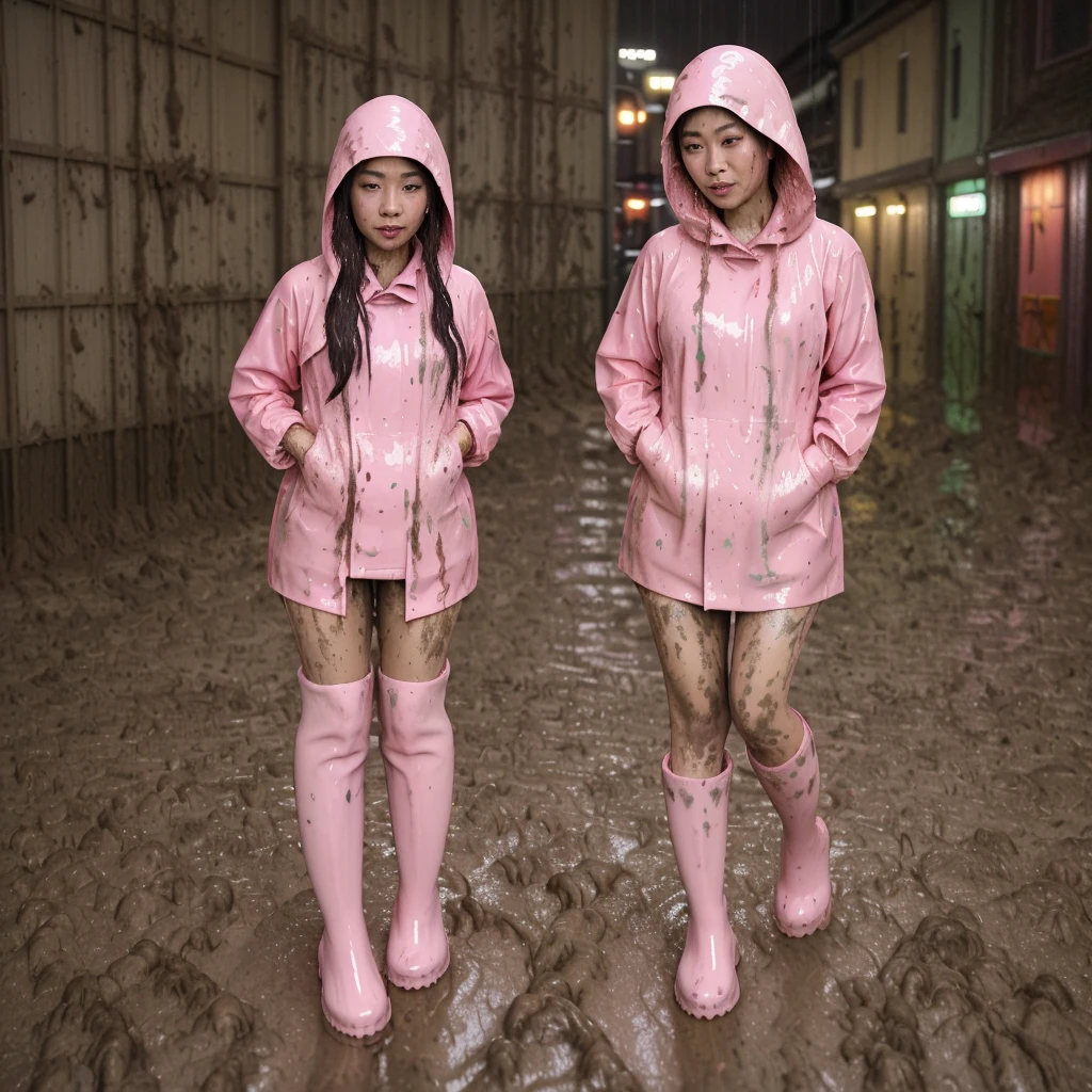 asian lady, cute pose, ((long pink buttoned up raincoat)), ((wearing raincoat hood)), (((tall pink rain boots))), ((((muddy splatters)))), ((mud dripping down raincoat)), (((rainy night city street))), intricate details, highly detailed, masterpiece, 8k, photorealistic, cinematic lighting, vibrant colors, soft focus, elegant, feminine, beautiful, serene, graceful