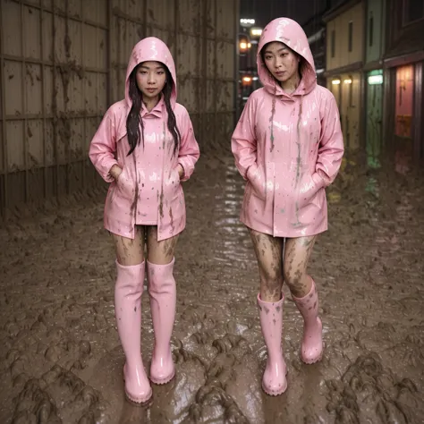 asian lady, cute pose, ((long pink buttoned up raincoat)), ((wearing raincoat hood)), (((tall pink rain boots))), ((((muddy spla...