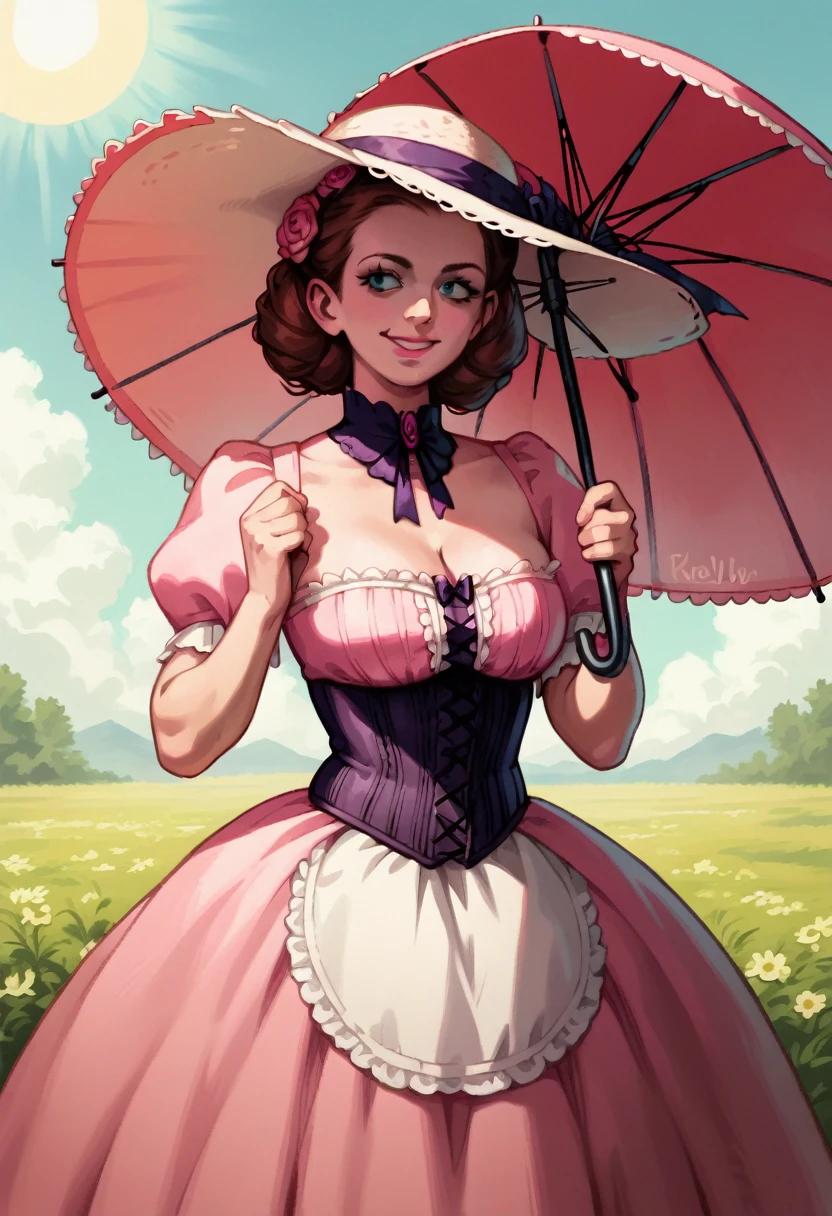 (((Masterpiece))), best quality, cowboy shot, perfect anatomy, (detailed face), outdoors, sunny, warm sunlight, (((realistic faces))), realistic anatomy, painterly)) corset, victorian dress, wild west, pink dress, frilly, parasol, sun hat, solo, large breasts, massive breasts, brown hair, smile, closed eyes, ((((evil smile, shaded face)))))