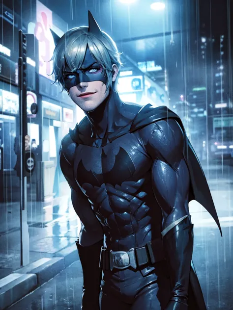 harley quinn batman, rain-drenched street, soaked clothes clinging to body, no underwear, wicked smile, batman costume. batman m...