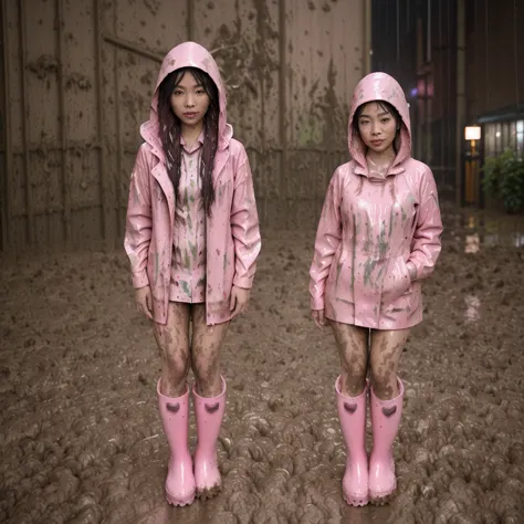 asian lady, cute pose, ((long pink buttoned up raincoat)), ((wearing raincoat hood)), (((tall pink hunter rain boots))), ((((mud...
