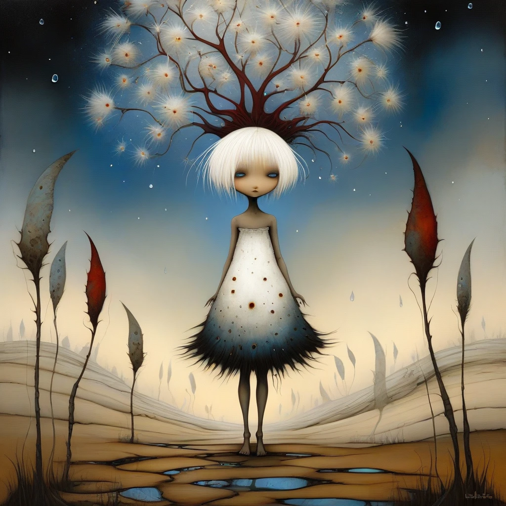 Surreal beautiful naked girl (full length) in a beautiful dress, Jean-Baptiste Monge style, white hair, alien life, alien landscape, there are many different burgundy plants, darkness, emptiness, tree and creature, cartoon picture, illustration for children, surrealism, funny, fluff, feathered cotton wool, water drops, feathers, sand, grass, black blue white, a determined look, cosmic background. fantasy high definition Unreal Engine very cute surreal Richard Burlet celestial Enki Bilal dynamic pose Esao Andrews enigmatic dreamy atmosphere susanne Jamie Heiden cosmic splendor
