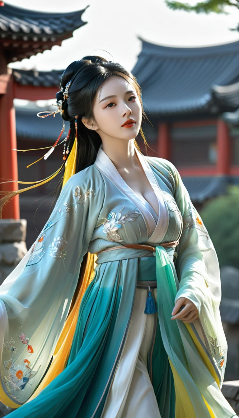 Surreal, complex, Epic scenes),1 Girl,Hanfu,whole body,(Huge breasts:1.7), Giving off an otherworldly glow to the surroundings,(complex, Many tiny details, Stunning lighting, Stunning surroundings),(rich and colorful, Surreal, high quality, Very detailed, Clear focus, 8K Ultra HD, Surreal主义，(Smile:0.3)