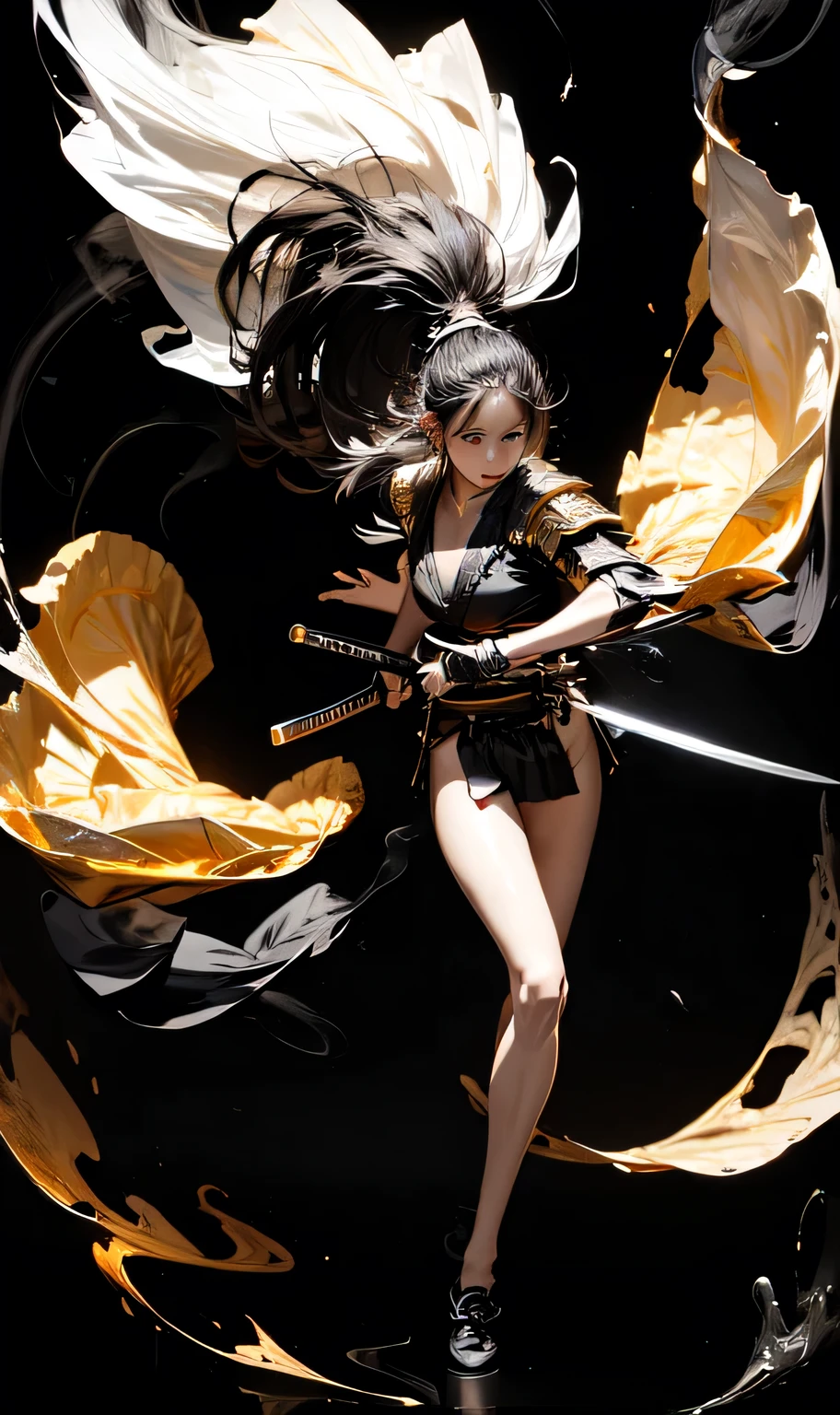 (Black background:1.7)fighting stanceponytailsheathedjapanese armorLight and dark contrast, high contrast, high saturation
1girl,solo,full body,masterpiece,best quality,ultra-detailed,(Smoke:1.6), handheld weapons,holding a samurai sword,  (long legs:1.3), (skinny legs:1.6), (shiny skin:1.5)holding swordholding one Long, long katana, japanese clothesHip skirt
The Chrysanthemum and the Blade 