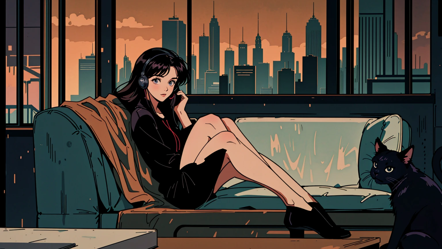 1girl, extremely detailed eyes and face, beautiful detailed lips, long dark hair, bright brown eyes, 90s style, 2010s hairstyle, cityscape, citylight, headphones, full body, relaxed coffee, table, snacks, looking at viewer, black cat