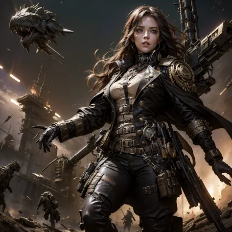 a girl in a steampunk military uniform in a battlefield accompanied by surreal creatures