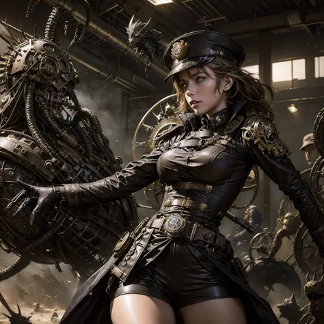 a girl in a steampunk military uniform in a battlefield accompanied by surreal creatures