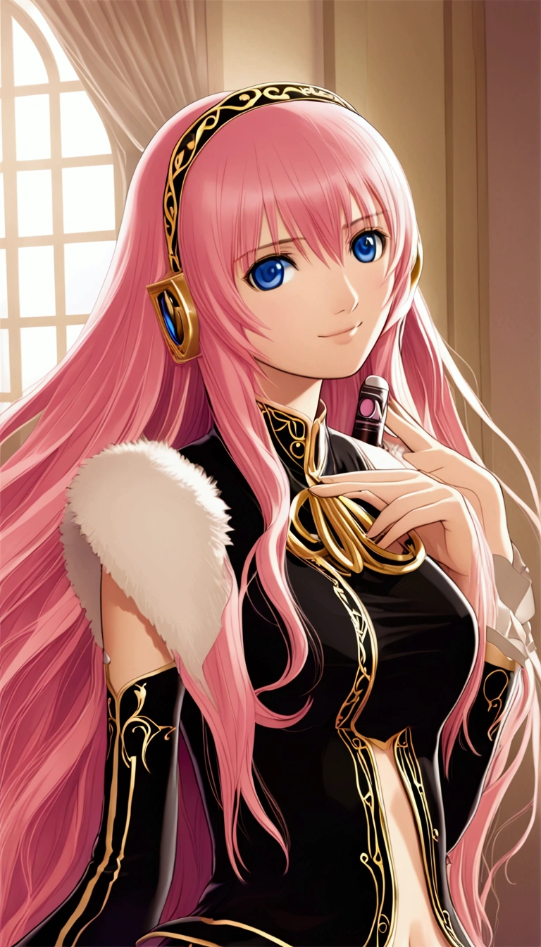 Detailed and beautiful depiction 1.1,Official Art,Beautiful adult woman ,Megurine Luka in official costume,Pink long hair,blue eyes,smile,Bedroom