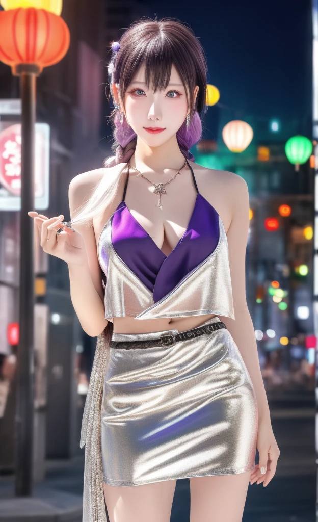 masterpiece, best quality, Ultra-high resolution,Photon Mapping,The best shadow,portrait,Beautiful details,Ultra-high detail,long purple hair,single braid,blunt bangs,Medium breasts,City,Chinatown,city center,see through, Short skirt, Low-cut:2, hair accessories, earrings, necklace, portrait, Silver dress:2, looking at the audience,alone,Professional lighting, Delicate skin,