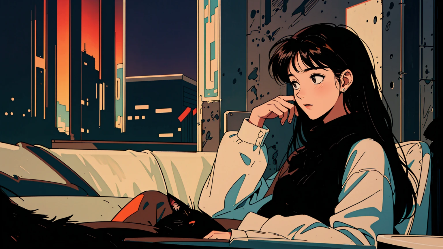 1girl, 1990s style, 2010s hairstyle, long dark hair, bright brown eyes, cityscape, cityscape at night, relaxed pose, relaxing with coffee and snacks, black cat, headphones, full body shot, (best quality,8k,highres,masterpiece:1.2),ultra-detailed,(realistic,photorealistic,photo-realistic:1.37),highly detailed face and eyes,extremely detailed eyes and face,longeyelashes,soft lighting,warm colors,cinematic