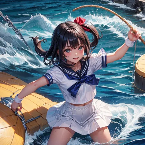 (((pixel perfect,perfect in every detail))), alone,girl about 13 years old,smile,sailor suit，nswf,a cute whip，swinging a long, t...