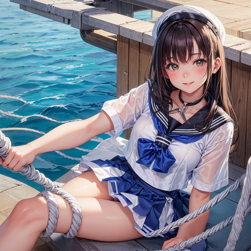 (((Pixel Perfect,Perfect in every detail))), alone,Girl about 13 years old,smile,Sailor suit，NSWF,A cute whip，Swinging a long, thick rope，odor