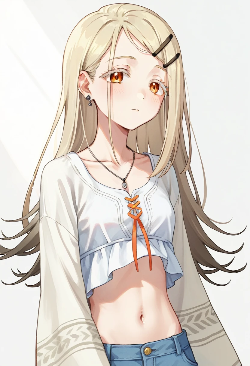 hiro-default,shinosawa hiro,slender,orange eyes,white eyelashes,blonde hair,long hair,hairclip、[[[[[[early pregnancy]]]]]], thin belly, girl, solo, best quality, very aesthetic, nsfw、白いマイクロビキニ