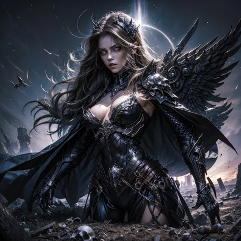 female angel of death with illuminated eyes flying in the air, a pile of skulls on the ground