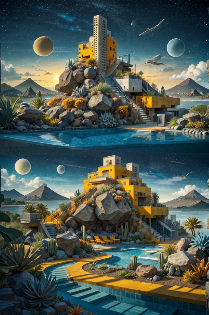 An illustration in collage style, with giant boulders, brutalist building sections, terraces, stairs, cacti, agave, concrete texture, multiple geometric shapes, hatch and cross hatching, planet saturn, volcano, moon, Luis Barragán's architectural style build, milky way galaxy, violet, one motorcycle, An illustration in collage style, with giant boulders, brutalist building sections, stairs, cacti, agave, concrete texture, multiple geometric shapes, hatch and cross hatching, planet saturn, volcano, moon, Luis Barragán's architectural style build, reflective pool, terraces. An elegant and modern build, in top of big boulders, with terraces, materials concrete, wood, steel and crystal, various gardens with tropical vegetation, cacti and rocks, stairs, a pool. In middle of sea, a big wave near, sunset, mountains and a volcano in the horizont, cute islands around, illustration format, cute color palette, detailed, masterpiece, award-winning work, clouds, Illustration, a garden with abundant cacti, ((various organic sculptures)), ((big rocks)), (((multiple sections))), collage style, detailed, (((color palette (olive green), (Mustard orange), cool grey, ((blue)), black and white))), (((a lot Luis barragán's architecture style builds))) big clouds, volcano in horizon, stairs, in the desert. ((masterpiece, best quality)),illustration,ultra detailed 8k, ((Ori Toor visual style)),soviet, megabuildings, megastructures, buildings, organic steel sculpture, brutalism, brutalism, brutalism, David Hockney, David Hockney, David Hockney