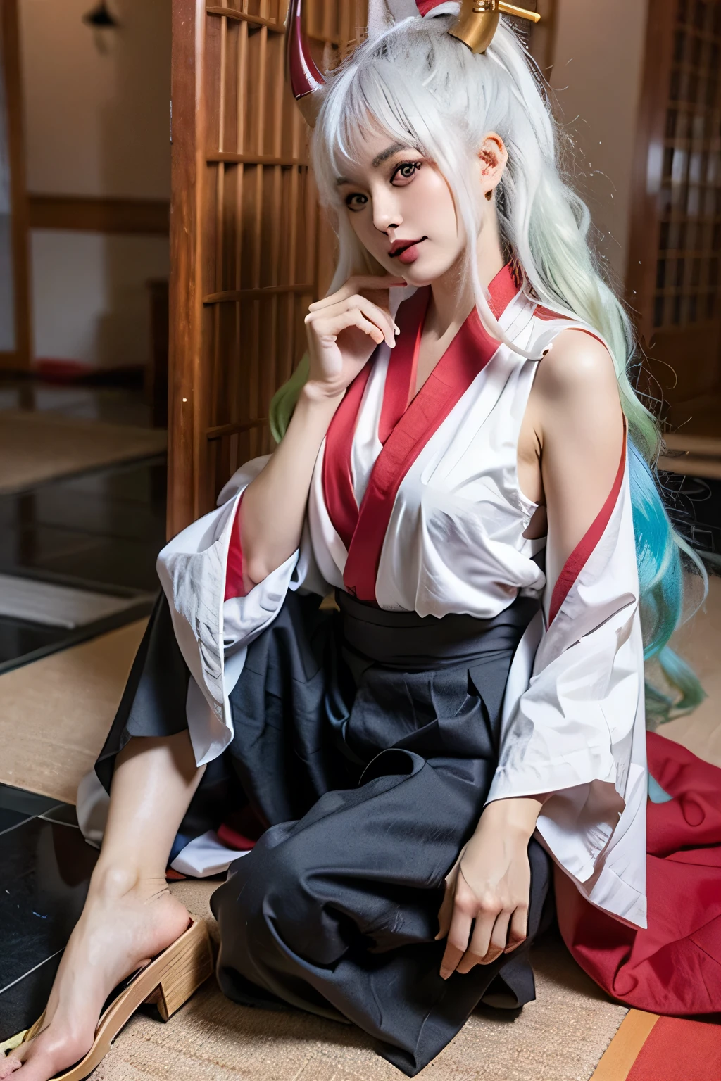 Yamato,One girl,alone,horn,Yamato \(one piece\),kimono,Sitting,Underarm,curled horn,Long Hair,chest,Side bust,rope,Multicolored Hair,Gray Hair,kimono,red horn,No sleeve kimono,indoor,No sleeve,Green Hair,feet,裸feet,hakama pants,They are,ability,hair ornaments,pants,Two-tone hair,very Long Hair,Hakama skirt,Bare arms,
Highest quality,masterpiece,figure,Very delicate and beautiful,CG,Unity,8k wallpaper,wonderful,In detail,masterpiece,Official Art,Very detailed CG Unity 8k wallpaper,Incredibly absurd,Large file size,Super detailed,High resolution,Very detailed,Beautiful detailed girl,Realistic,feet