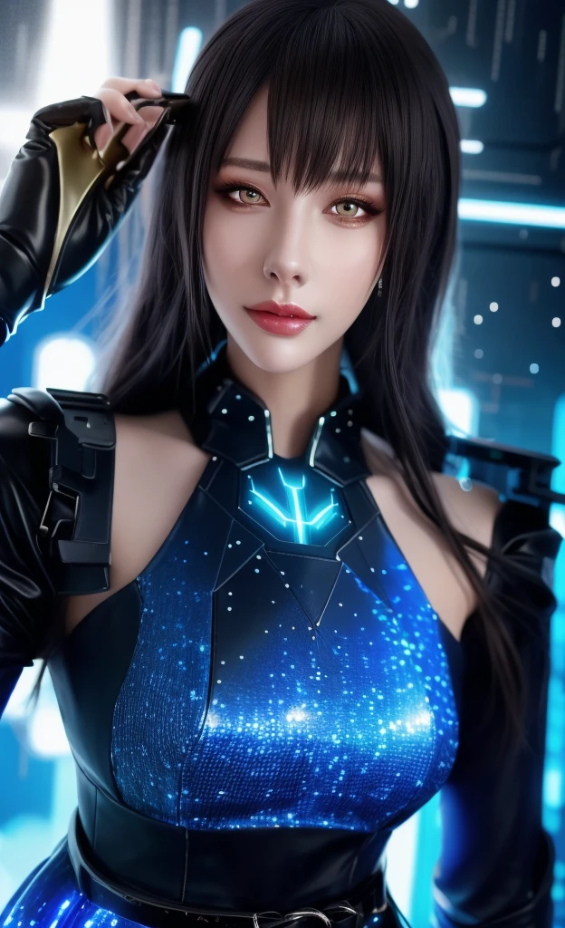 Close-up of a woman wearing a black and blue dress, 4k highly detailed digital art, 4K detailed digital art, Realistic digital art 4k, Realistic digital art 4k, Stunning digital illustrations, Portrait beautiful sci-fi girl, Portrait of a sci-fi woman, digital art 4k, Cyberpunk girl portrait, Beautiful cyberpunk girl face, Epic portrait illustration  