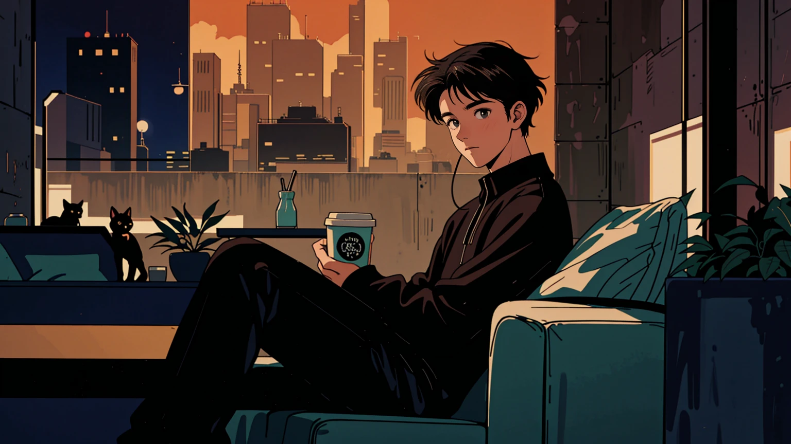 best quality, 8k, 1990s style,2010s hairstyles, 21-year-old boy, black hair,  light brown eyes, city pop, pants ,night view, wearing headphones, whole body,  relax coffee,table,confection,Looking at me, Black cat
