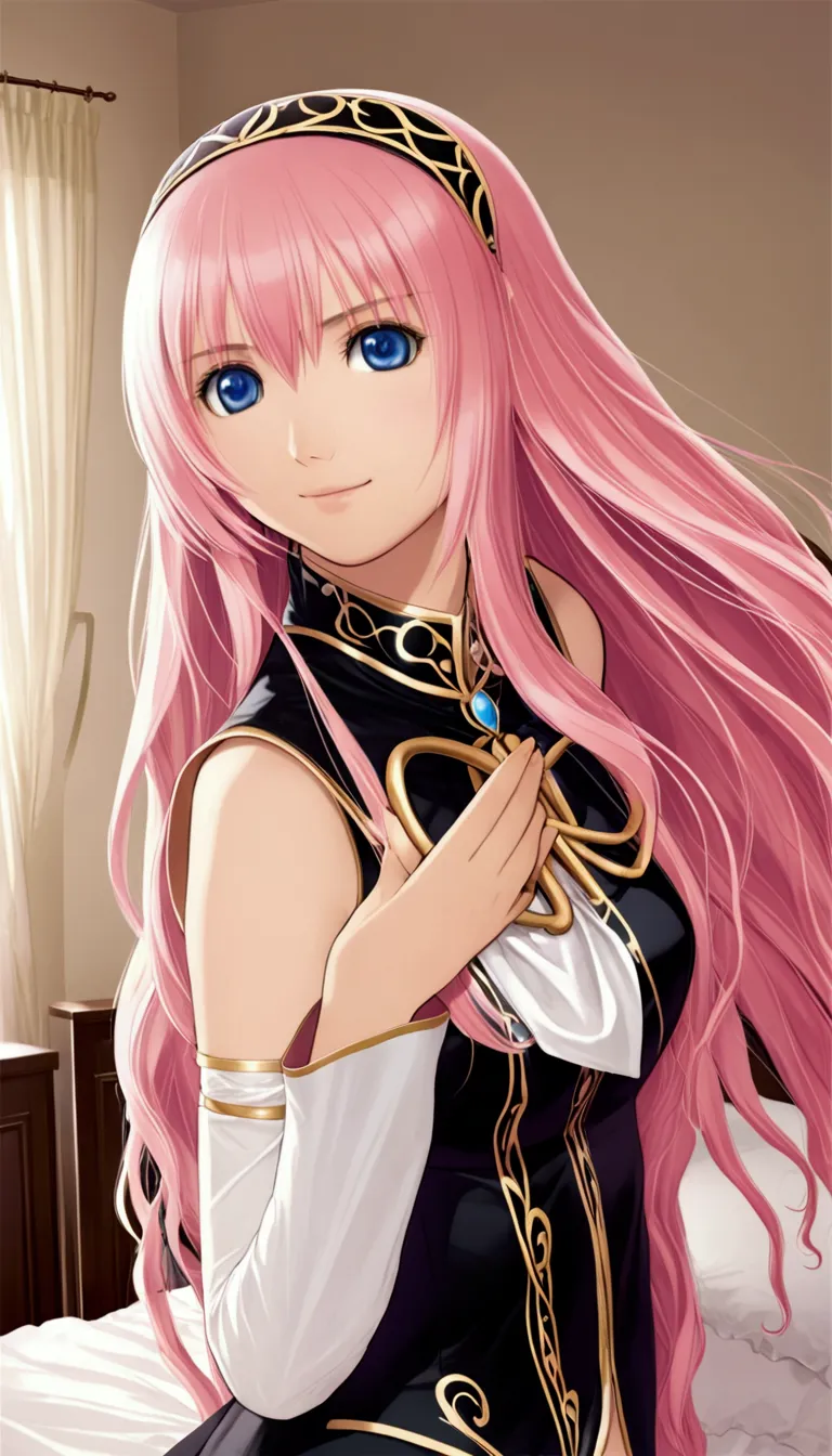 detailed and beautiful depiction 1.1,official art,beautiful adult woman ,megurine luka in official costume,pink long hair,blue e...