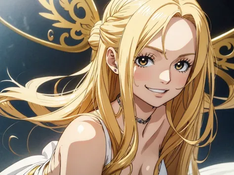 One piece animation style, blonde hair, long hair, shy smile, wavy hair, long gold eyelash, young girl, lovely girl, gold eyes, ...