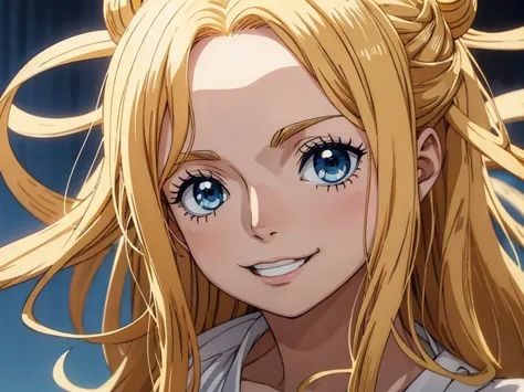 One piece animation style, blonde hair, long hair, shy smile, wavy hair, long gold eyelash, young girl, lovely girl, gold eyes, ...