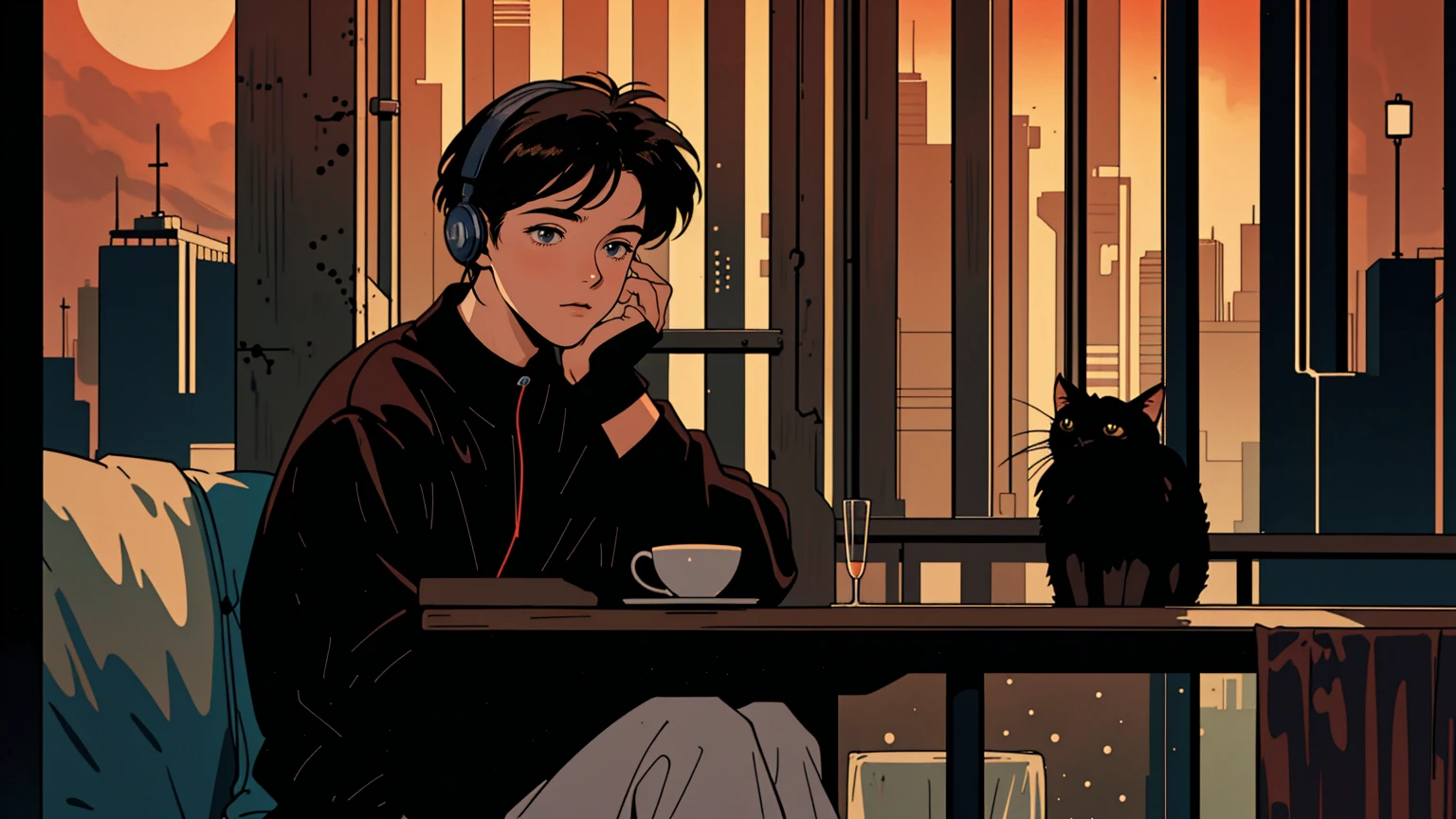 best quality, 8k, 1990s style,2010s hairstyles, 21-year-old boy, black hair,  light brown eyes, city pop, pants ,night view, wearing headphones, whole body,  relax coffee,table,confection,Looking at me, Black cat
