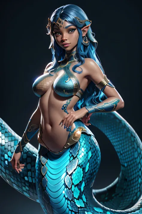 A beautiful woman covered in Blue scales，Snake woman, (Snake tail:1.3)，snake girl，Snake Banshee，Sapphire scales, Sandy-brown cur...