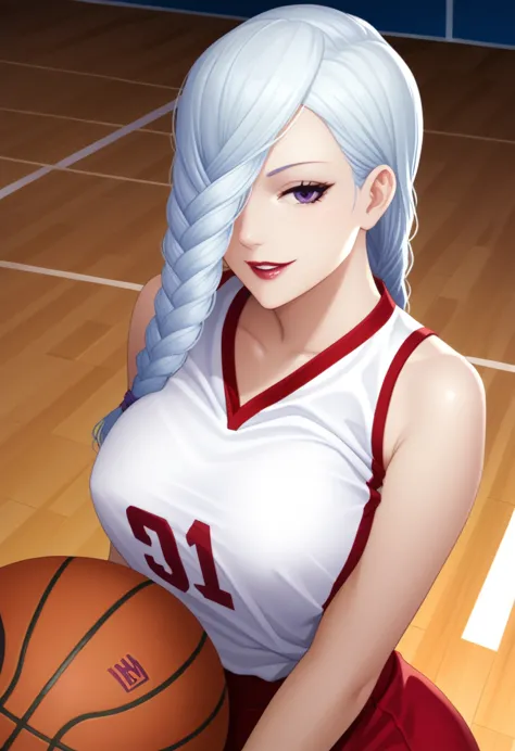 score_9_up, score_8_up, score_7_up, 1girl, solo, mature female, mei mei, looking at viewer, white hair, braid, hair over one eye...