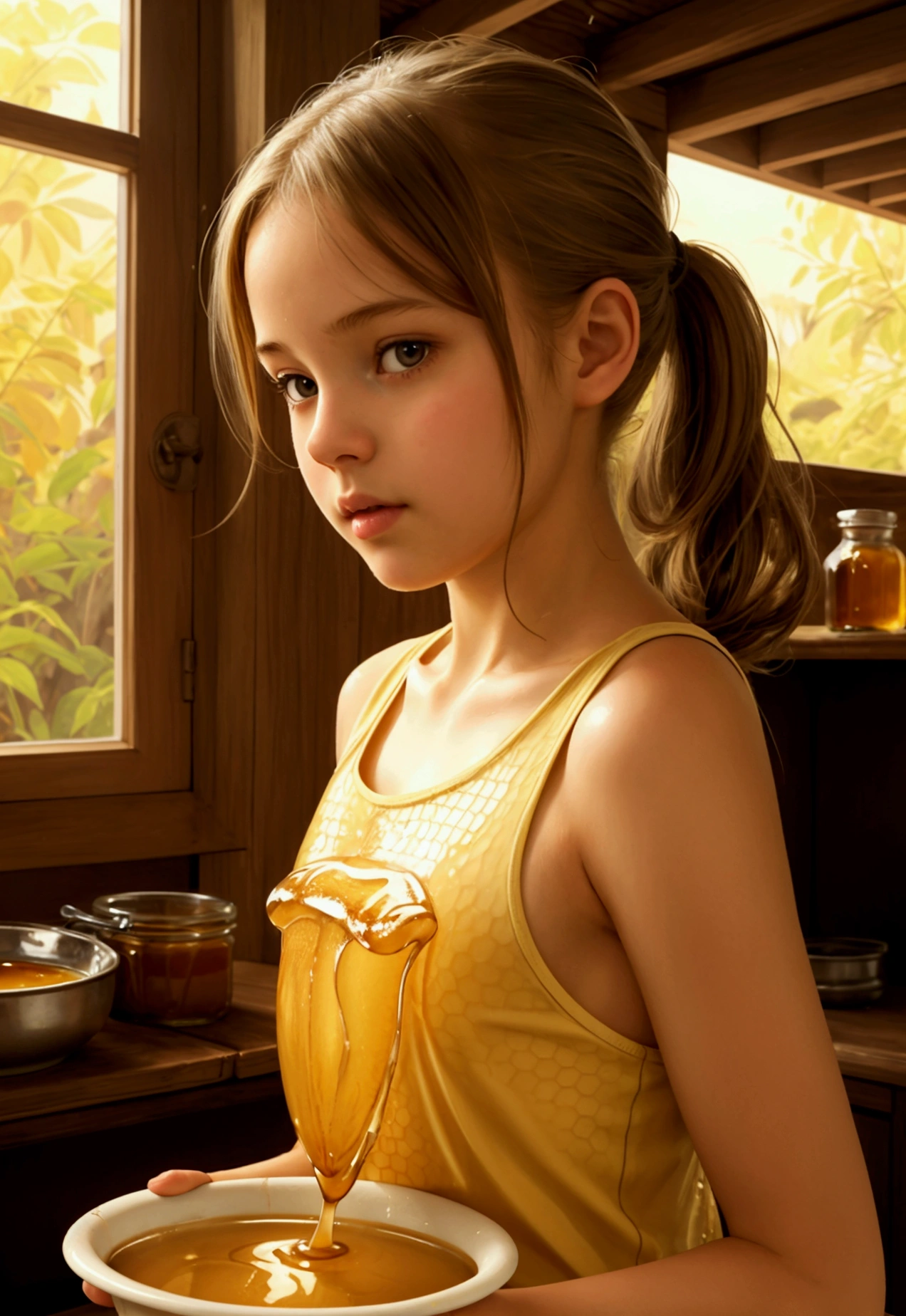 (best quality, masterpiece) high resolution illustration of a young girl covered in sticky natural honey, yellow, syrup, small tank top, comfy, cozy, detailed texture, delicious aroma, flavorful sensation, warm and appetizing,
