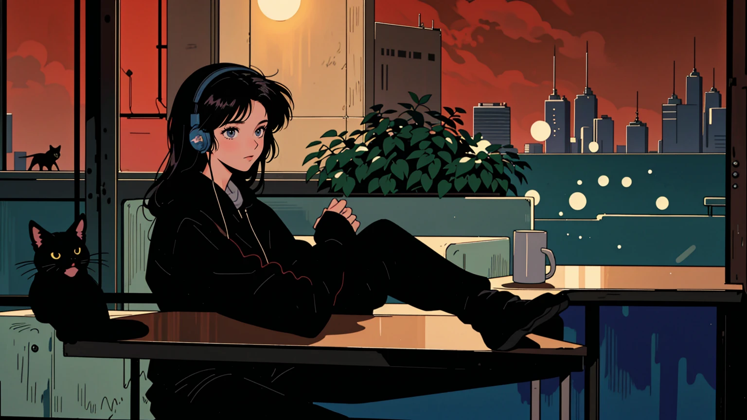 best quality, 8k, 1990s style,2010s hairstyles, 21 year old girl, black hair, long hair, light brown eyes, city pop, pants ,night view, wearing headphones, whole body,  relax coffee,table,confection,Looking at me, Black cat
