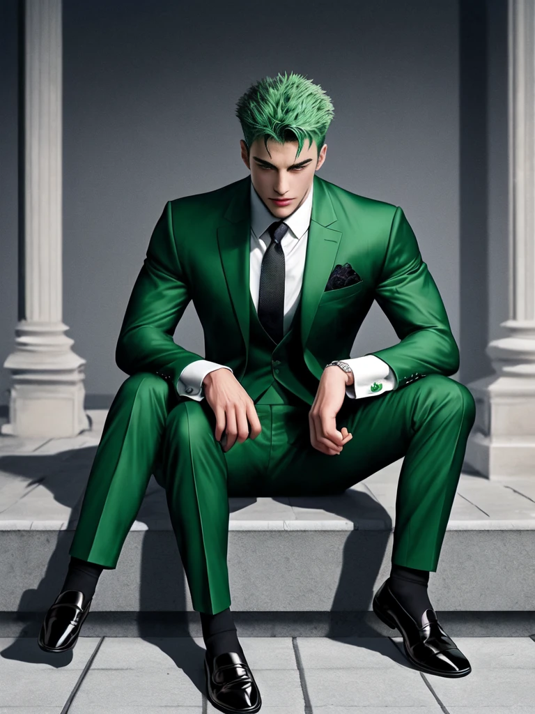 1 man, handsome, muscular, green hair, scar, black suit, black Oxford shoes, socks, best quality, masterpiece, sitting, 