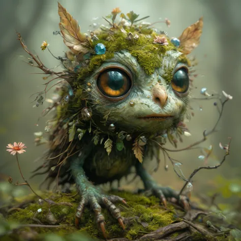 forest creature looking for a mate,little fat owl made of moss,twigs,flowers,gems,crystals,lights,wind,energy,hope,super high re...