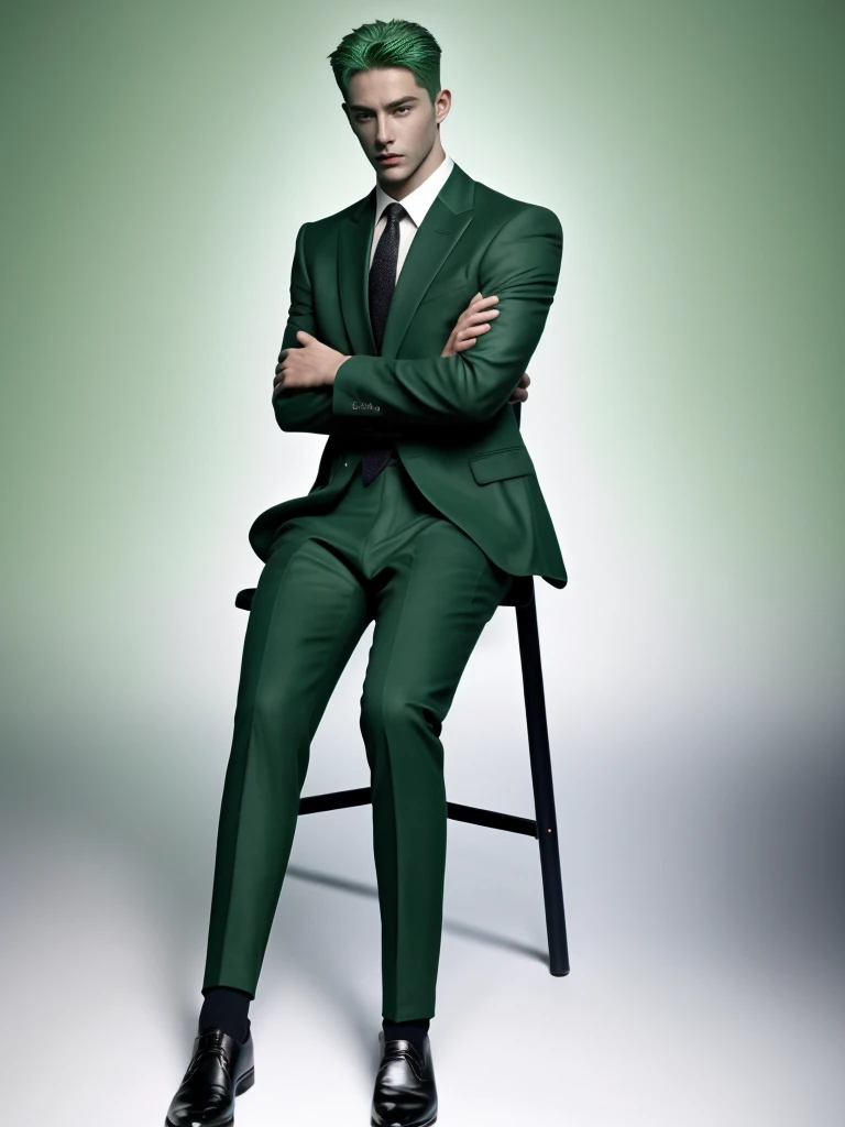 1 man, handsome, muscular, green hair, scar, black suit, black Oxford shoes, black socks, best quality, masterpiece, sitting, 