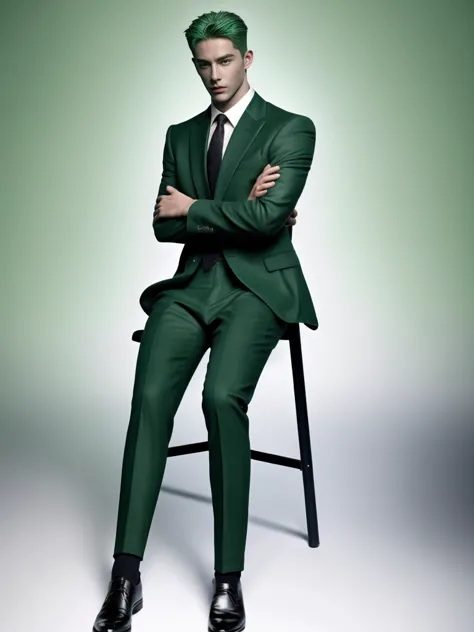 1 man, handsome, muscular, green hair, scar, black suit, black oxford shoes, black socks, best quality, masterpiece, sitting,