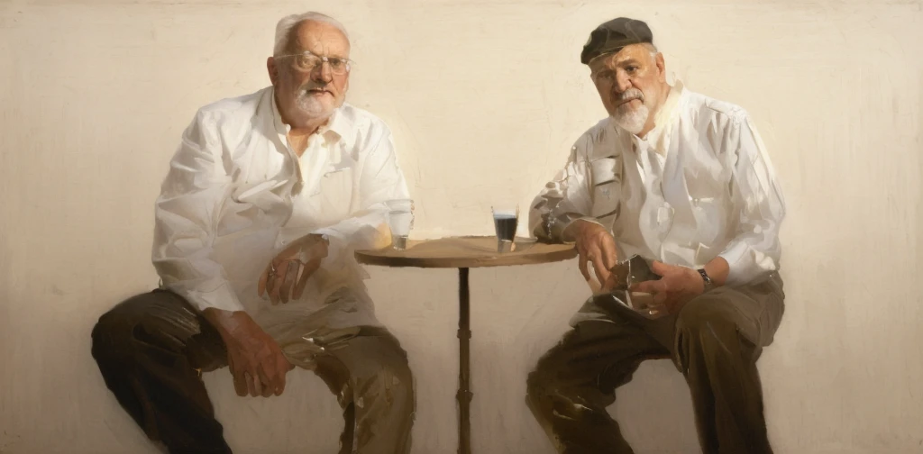 Oil painting of two old men sitting ((best work of art)) ((two elderly men))  ((White background)) bar table, whiskey shots, Brown hair, modern, current white background, Nick Alm, by Andrea Pozzo, Jeremy Lipking, range murata Jeremy Lipking, by Carlo Mense, inspired by Enrique Simonet, sargento marshénnikov, by Michael Ford, krenzcushart, Jeremy Lipking full length shot, by Josep Rovira Soler