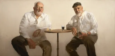 Oil painting of two old men sitting ((best work of art)) ((two elderly men))  ((White background)) bar table, whiskey shots, Bro...
