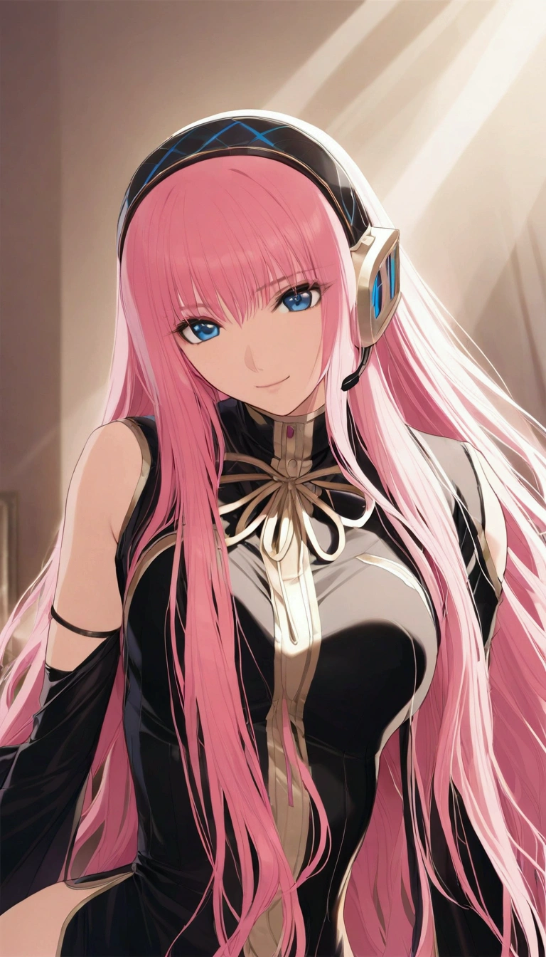 Masterpiece,Detailed and beautiful depiction 1.1,Official Art,Beautiful adult woman ,Megurine Luka in official costume,headphone,Black costume,Pink long hair,blue eyes,smile,Bedroom