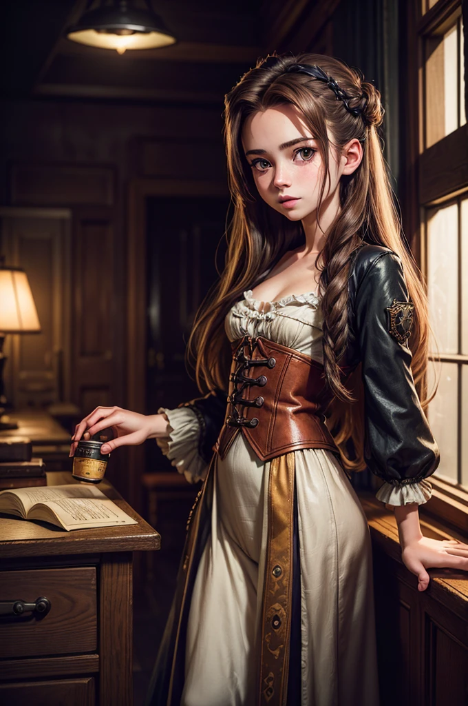 (Fotografía de Aerith Gainsborough, de 20 años.), (sin primer plano), Cara muy detallada, (sonrisa:0.7) (fondo dentro oscuro, malhumorado, estudio privado:1.3), dirigible pirata steampunk, Nikon D850, fotografía de archivo de película, para kodak portra 400 ,cámara f1.6 lentes, bokeh, estilo analógico, Colores ricos, Híper realista, textura realista, iluminación dramática, cinestill 800, Pelo despeinado, serious, (pecas:0.4), Piel pálida, lindo sexy