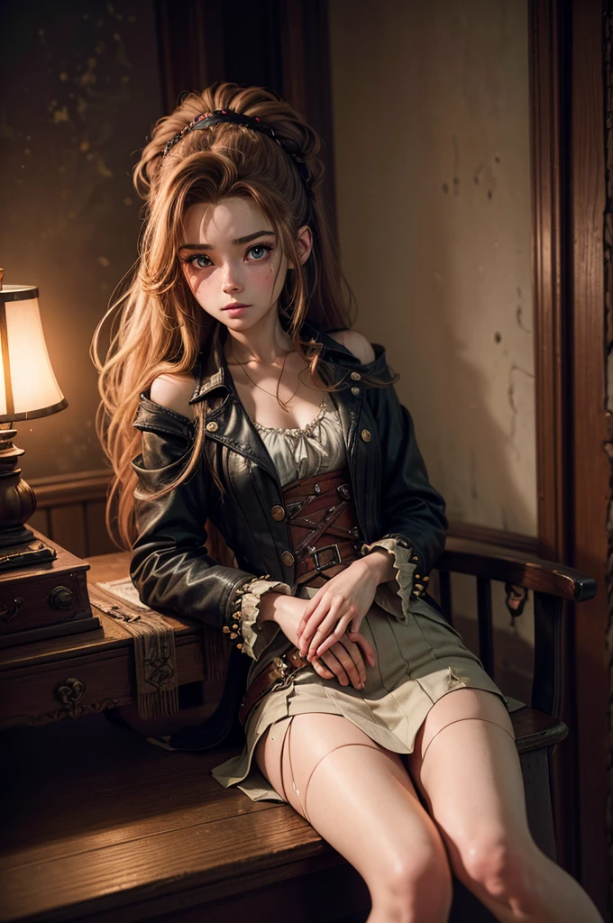 (Fotografía de Aerith Gainsborough, de 20 años.), (sin primer plano), Cara muy detallada, (sonrisa:0.7) (fondo dentro oscuro, malhumorado, estudio privado:1.3), dirigible pirata steampunk, Nikon D850, fotografía de archivo de película, para kodak portra 400 ,cámara f1.6 lentes, bokeh, estilo analógico, Colores ricos, Híper realista, textura realista, iluminación dramática, cinestill 800, Pelo despeinado, serious, (pecas:0.4), Piel pálida, lindo sexy