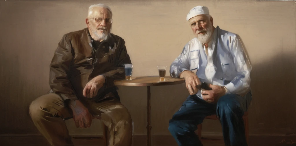 Oil painting of two old men sitting ((best work of art)) ((two elderly men)) bar table, whiskey shots, Brown hair, modern, current white background, Nick Alm, by Andrea Pozzo, Jeremy Lipking, range murata Jeremy Lipking, by Carlo Mense, inspired by Enrique Simonet, sargento marshénnikov, by Michael Ford, krenzcushart, Jeremy Lipking full length shot, by Josep Rovira Soler