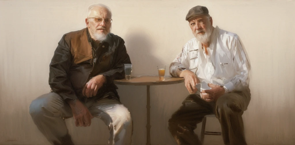 Oil painting of two old men sitting ((best work of art)) ((two elderly men)) ((White background)) bar table, whiskey shots, Brown hair, modern, current white background, Nick Alm, by Andrea Pozzo, Jeremy Lipking, range murata Jeremy Lipking, by Carlo Mense, inspired by Enrique Simonet, sargento marshénnikov, by Michael Ford, krenzcushart, Jeremy Lipking full length shot, by Josep Rovira Soler