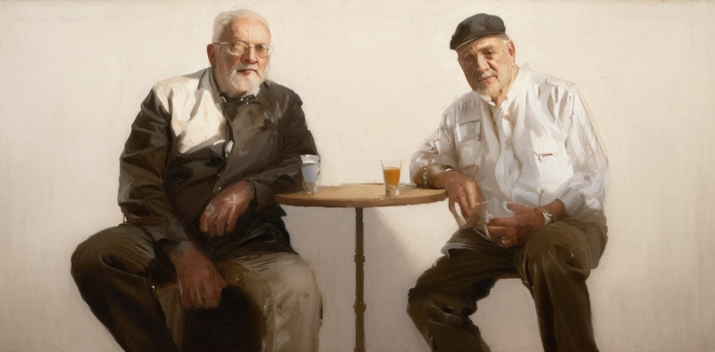 Oil painting of two old men sitting ((best work of art)) ((two elderly men)) ((White background)) bar table, whiskey shots, Brown hair, modern, current white background, Nick Alm, by Andrea Pozzo, Jeremy Lipking, range murata Jeremy Lipking, by Carlo Mense, inspired by Enrique Simonet, sargento marshénnikov, by Michael Ford, krenzcushart, Jeremy Lipking full length shot, by Josep Rovira Soler