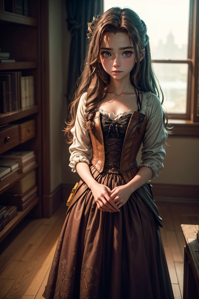 (Fotografía de Aerith Gainsborough, de 20 años.), (sin primer plano), Cara muy detallada, (sonrisa:0.7) (fondo dentro oscuro, malhumorado, estudio privado:1.3), dirigible pirata steampunk, Nikon D850, fotografía de archivo de película, para kodak portra 400 ,cámara f1.6 lentes, bokeh, estilo analógico, Colores ricos, Híper realista, textura realista, iluminación dramática, cinestill 800, Pelo despeinado, serious, (pecas:0.4), Piel pálida, lindo sexy