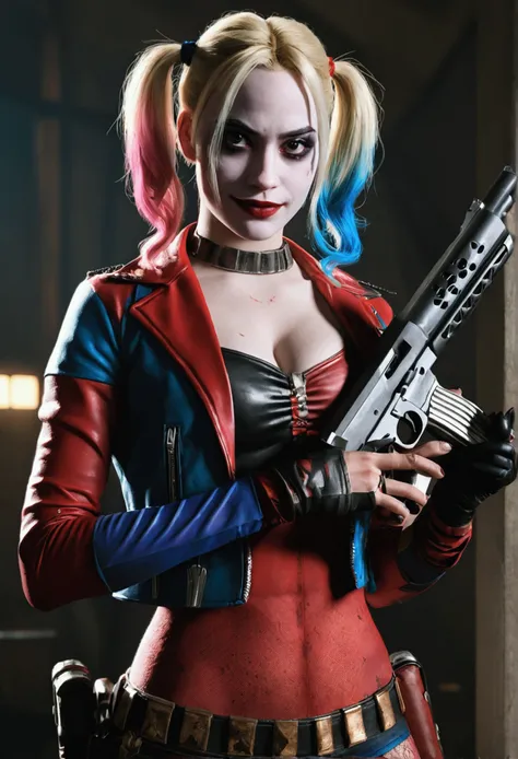 Harley quinn in a costume holding a bat in a city - SeaArt AI