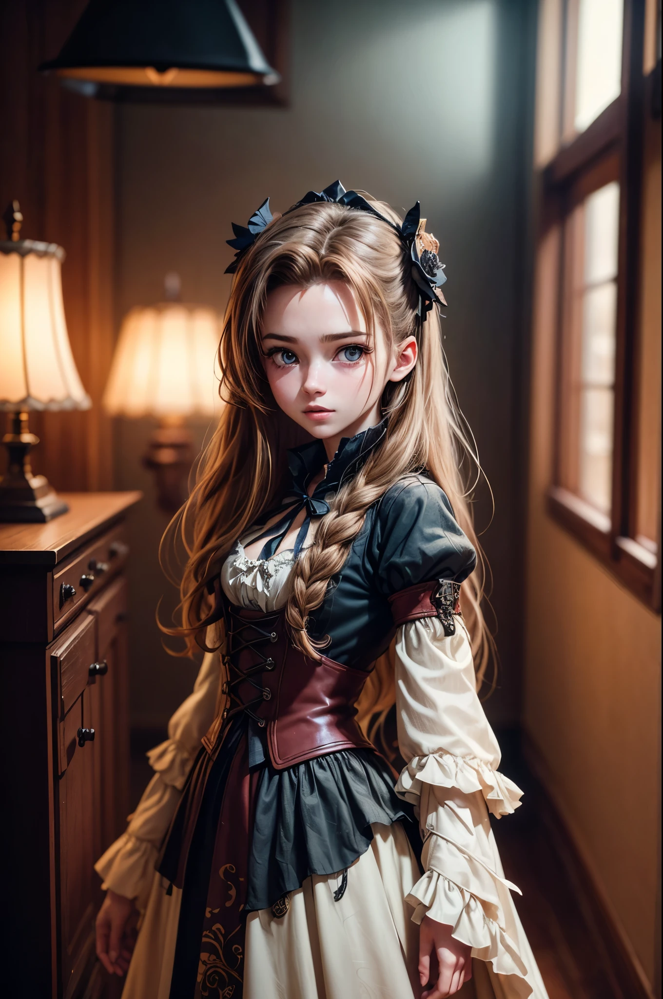 (photography of a 20 year old Aerith Gainsborough), (no close-up), highly detailed face, (smile:0.7) (background inside dark, moody, private study:1.3), steampunk pirate's airship, nikon d850, film stock photography, for kodak portra 400 ,camera f1.6 lens, bokeh, analog style, rich colors, hyper realistic, lifelike texture, dramatic lighting, cinestill 800, messy hair, serious, (freckles:0.4), pale skin, cute sexy